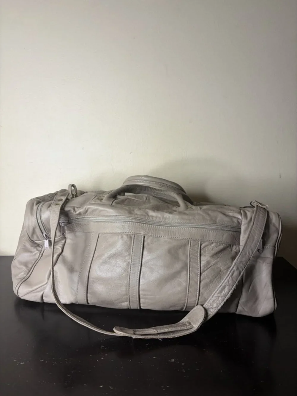 Ideal Vintage Taupe Leather Duffle Bag Overhead TravelIdeal zip